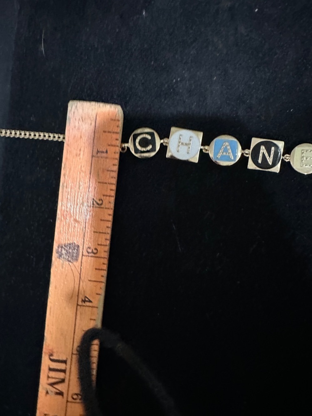 CHANEL Gold-Tone Letter Necklace with Blue, White, Black Inlays - Picture 6 of 8